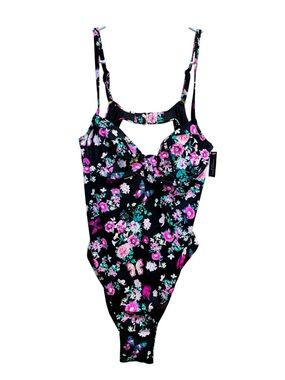 Victoria Secret Floral Black One-Piece Swimsuit with Pink Flower Print Underwire